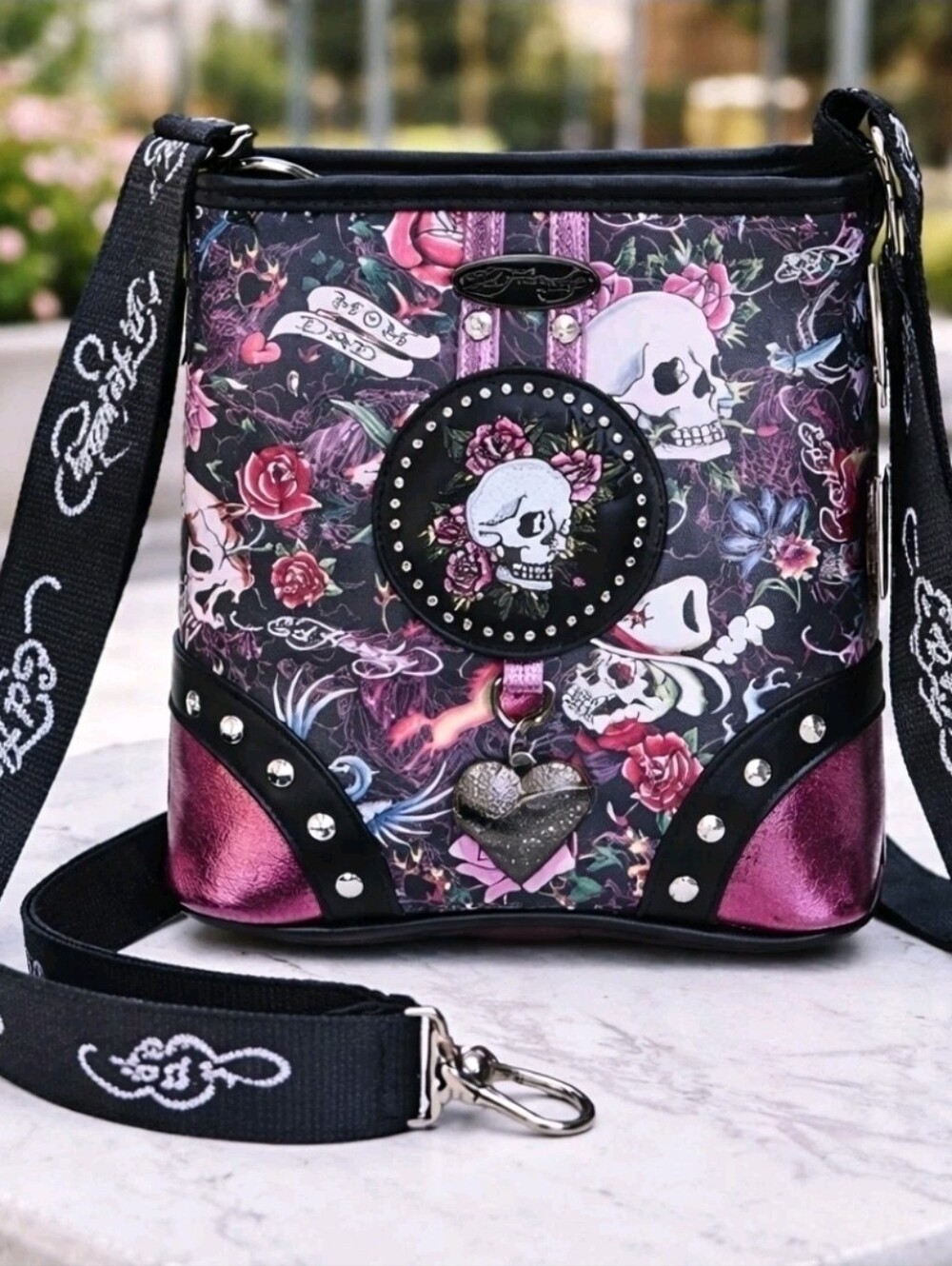 Ed Hardy Skull Rose Crossbody Bag NWT Pink Black Studded Purse